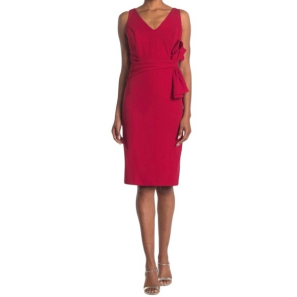 MARINA Draped Side Bow V-Neck Sleeveless Woven Dress, Rouge, Size 6 - Picture 4 of 4